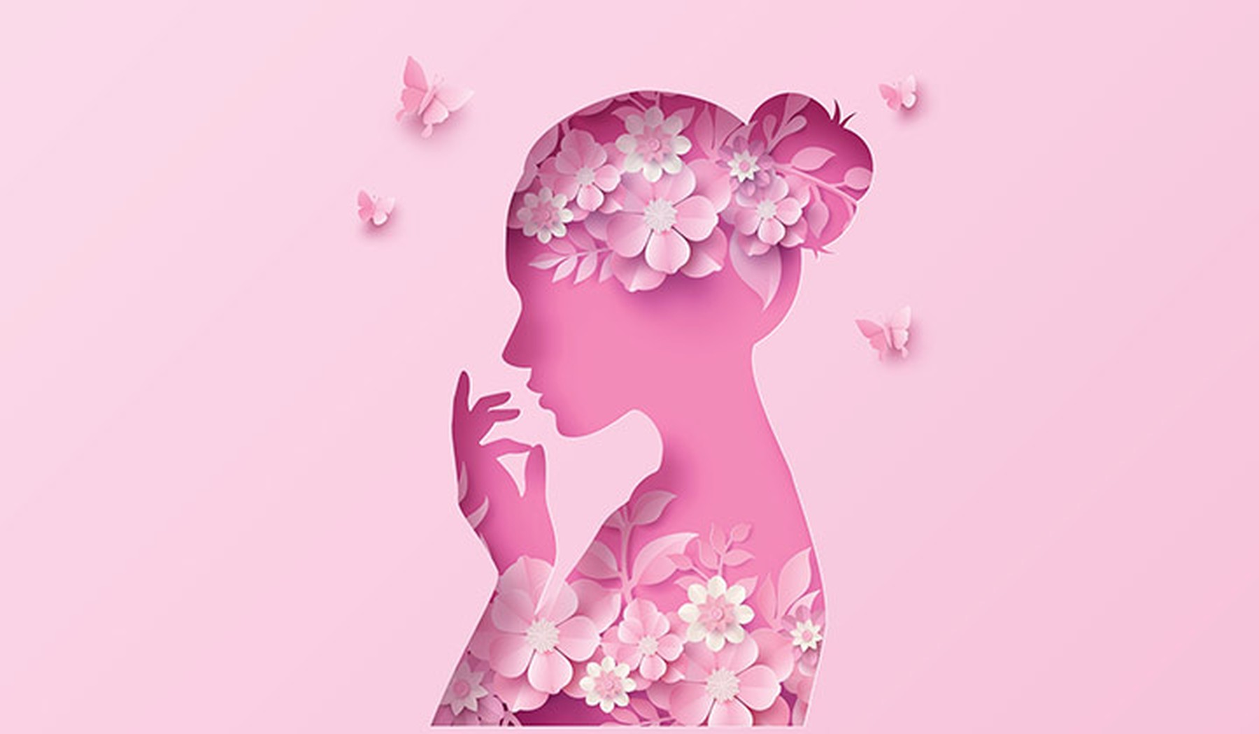 Ilustración de una mujer con flores y mariposas