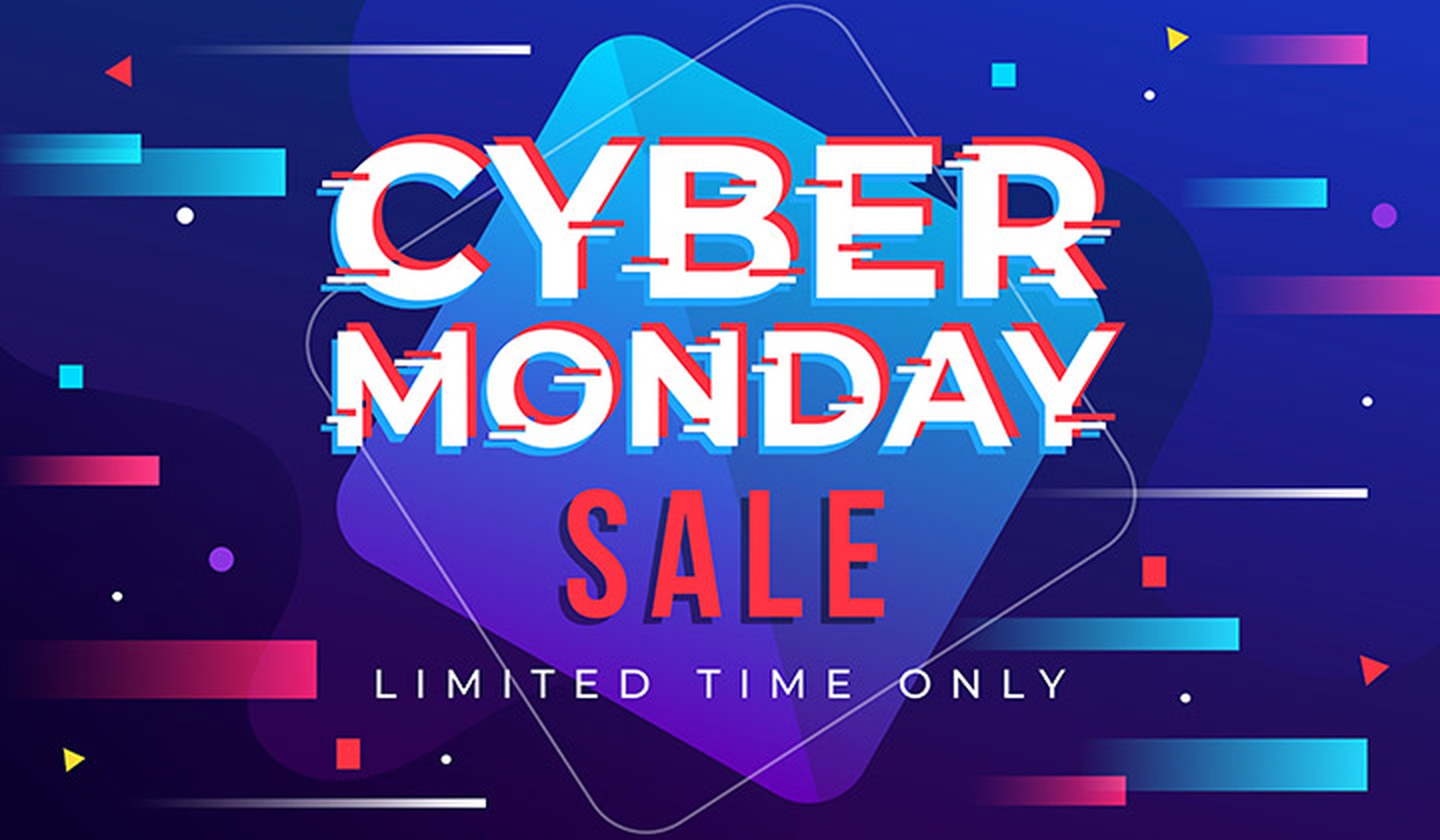 Banner con el fondo azul y efectos en azul y rosa con el texto Cyber Monday Sale Limited Time Only