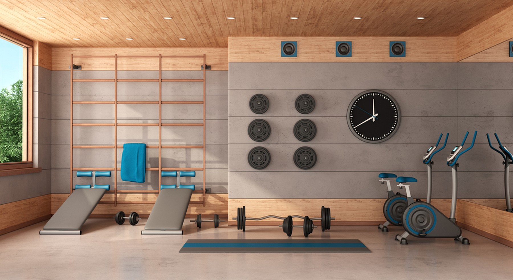 Sala de una casa con aparatos de gimnasio instalados