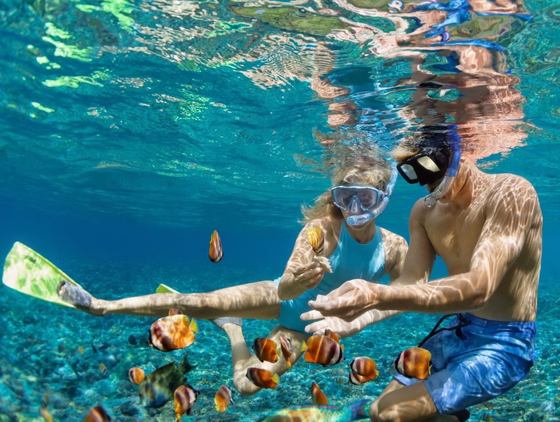 Pareja de chico y chica jóvenes haciendo snorkel con gafas de buceo, tubo y aletas y con bañadores azules. Hay peces de colores en el mar