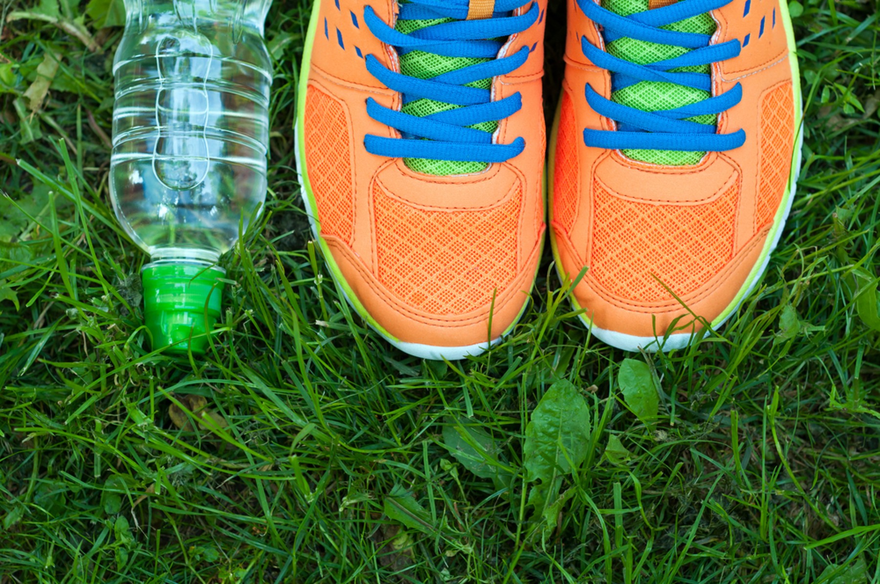 Zapatillas deportivas naranjas con los cordones azules sobre el césped verde. Al lado hay una botella de plástico de agua con el tapón verde.